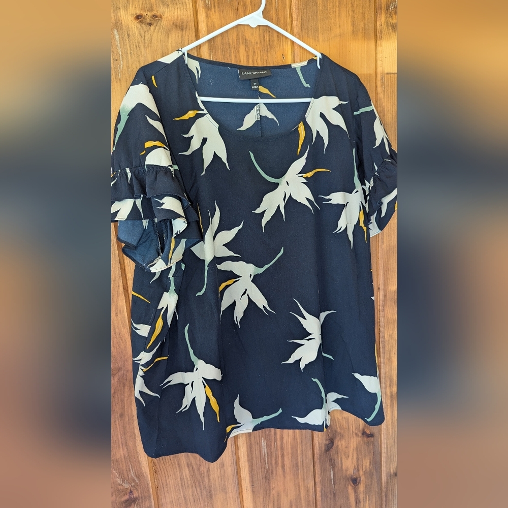 Lane Bryant Navy Floral Blouse with Ruffle Sleeves